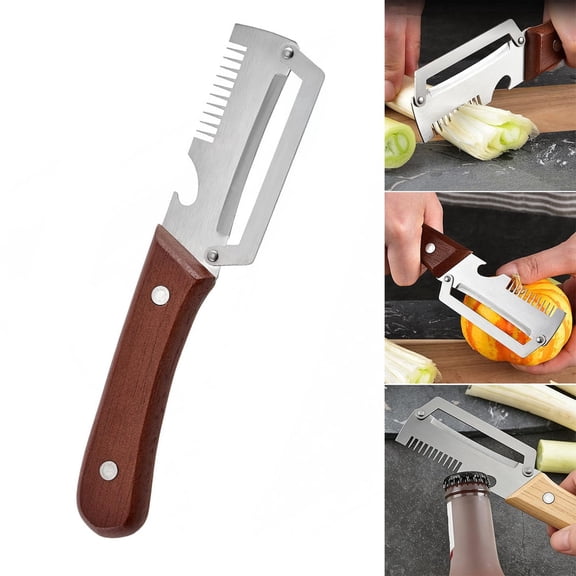 3 in 1 Wooden Handle Vegetable Peeler, Multi-Function Stainless Steel Fruit Peeler With Bottle Opener & Green Onion Slicer, Ergonomic Kitchen Gadget For Potato Carrot Pumpkin Fruit Peeling
