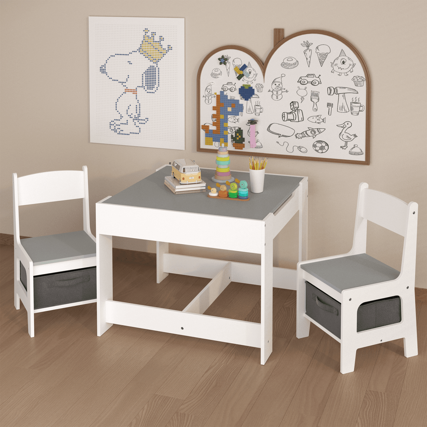 3 in 1 Wooden Kids Table and Chair Set, 2 in 1 Detachable Double-Sided Tabletop with Storage Drawer, White & Gray MDF Activity Table for Toddlers Drawing Reading Crafts, Ideal for Nursery Playroom