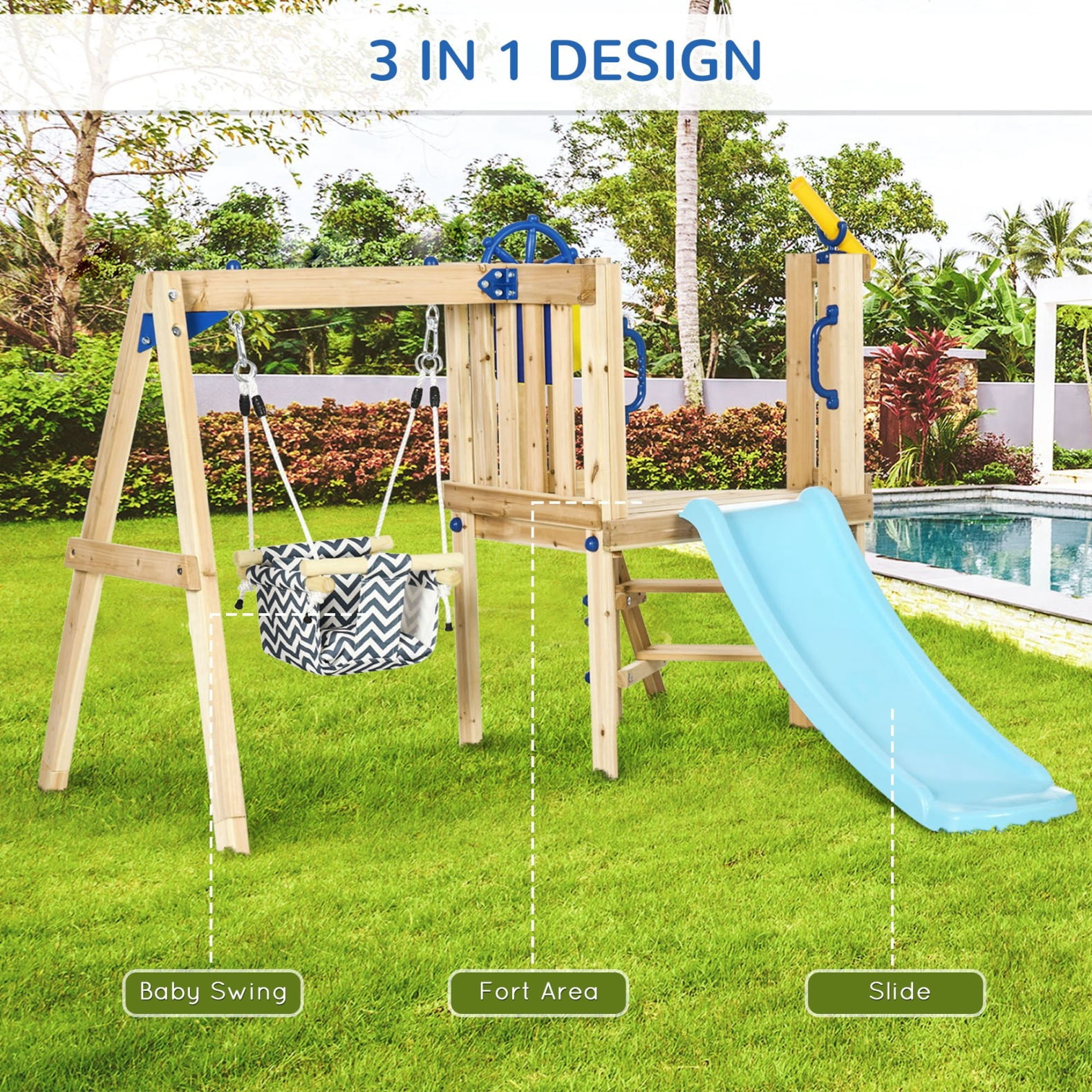 3 in 1 Wooden Swing Set Outdoor Playset, Outdoor Play Equipment with Baby Swing Seat, Toddler Slide, Captain's Wheel, Telescope, Indoor Jungle Gym for Ages 1.5-4