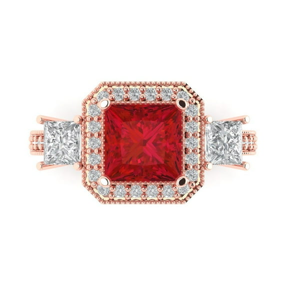 3.005 ct Princess Cut Simulated Ruby 3 Stone 14K Rose Gold Womens Engagement Ring