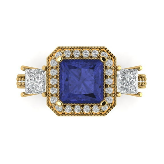 Three-Stone Engagement Ring for Women - 3.005ct Simulated Tanzanite in 18K Yellow Gold Promise Ring
