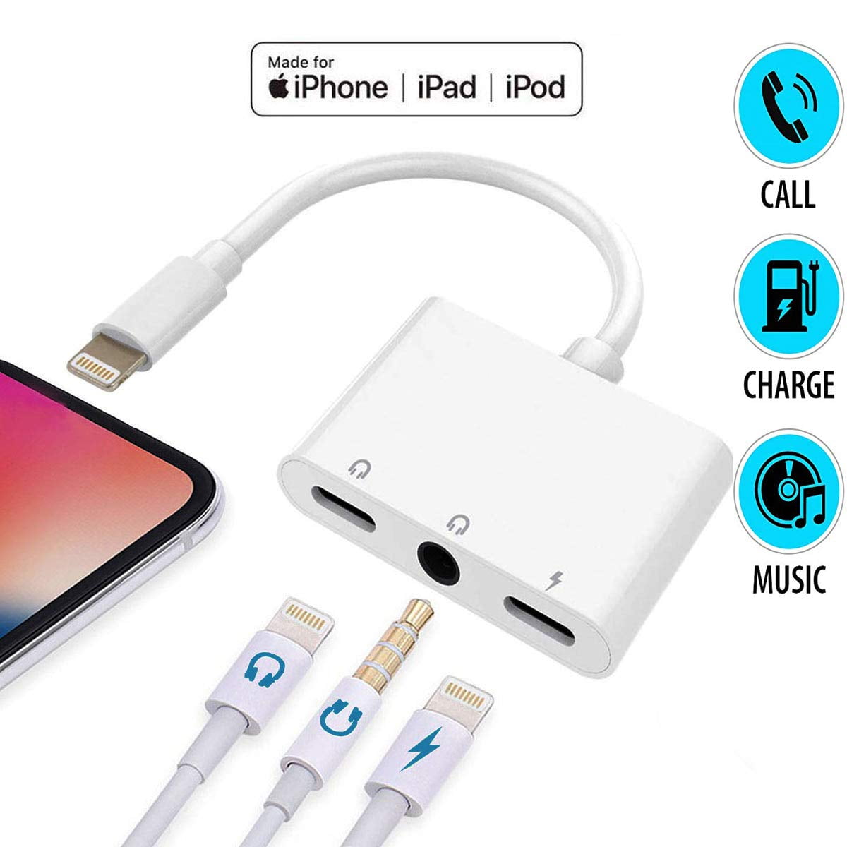 3 in 1 double Lightning Adapter 3.5mm earphone Headphone Jack