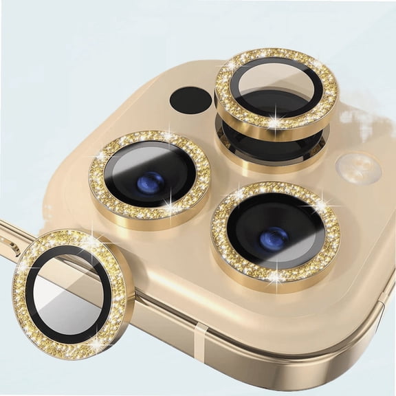 [3+1] for iPhone 14 Pro/iPhone 14 Pro Max Camera Lens Protector Bling, 9H Tempered Glass Camera Cover Screen Protector Metal Ring Decoration Accessories (Glitter-Gold)