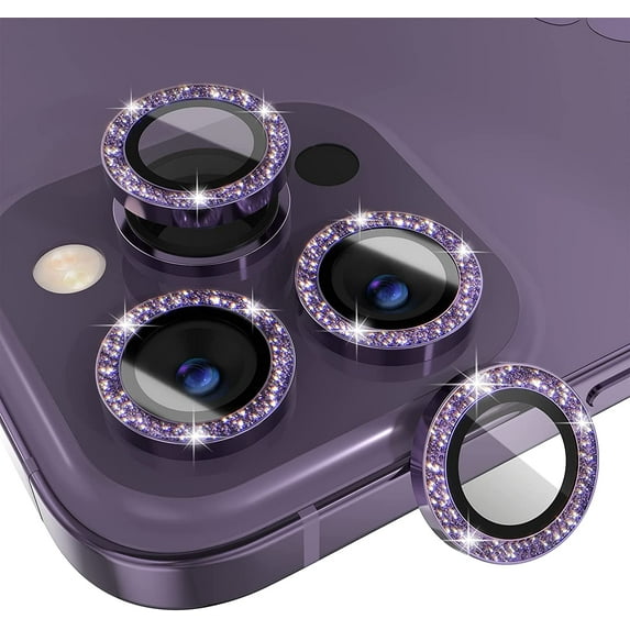 [3+1] for iPhone 14 Pro/iPhone 14 Pro Max Camera Lens Protector Bling, 9H Tempered Glass Camera Cover Screen Protector Metal Ring Decoration Accessories (Glitter-Purple)