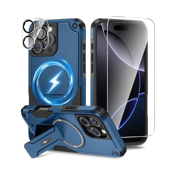 3 in 1 for iPhone 16 Pro Max Case [Compatible with MagSafe] [Invisible Kickstand] [HD Screen Protector] [Camera Lens Protector], Protective Magnetic Phone Cover for iPhone 16 Promax (Blue)