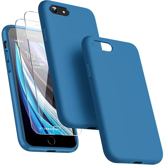 [3 in 1 for iPhone SE case 2022/3rd/2020/2nd gen, iPhone 7/8 case，with 2 Pack Screen Protector, Liquid Silicone Ultra Slim Shockproof Protective Phone Case [Microfiber Lining] (Navy Blue)…