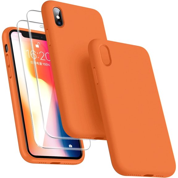 [3 in 1 for iPhone x Case/iPhone Xs case, with 2 Pack Screen Protector, Liquid Silicone Slim Shockproof Protective Phone Case 5.8 inch [Microfiber Lining] (Orange)…