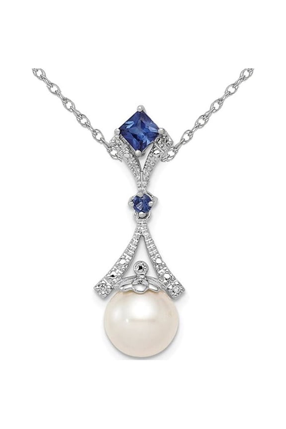3/10 Carat (Ctw) Lab Created Blue Sapphire and 8mm Freshwater Cultured Pearl Pendant Necklace in Sterling Silver with Chain