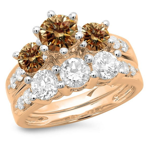 3.10 Carat (ctw) 10K Rose Gold Round Champagne & White Diamond Ladies Bridal 3 Stone Engagement Ring With Matching Band