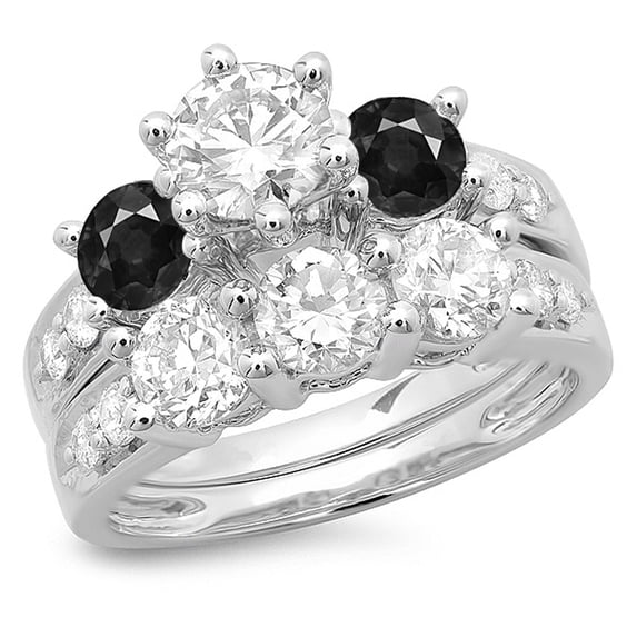 3.10 Carat (ctw) 10K White Gold Round Black & White Diamond Ladies Bridal 3 Stone Engagement Ring With Matching Band Set