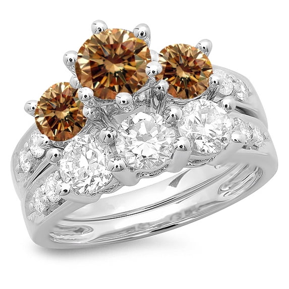 3.10 Carat (ctw) 10K White Gold Round Champagne & White Diamond Ladies Bridal 3 Stone Engagement Ring With Matching Band