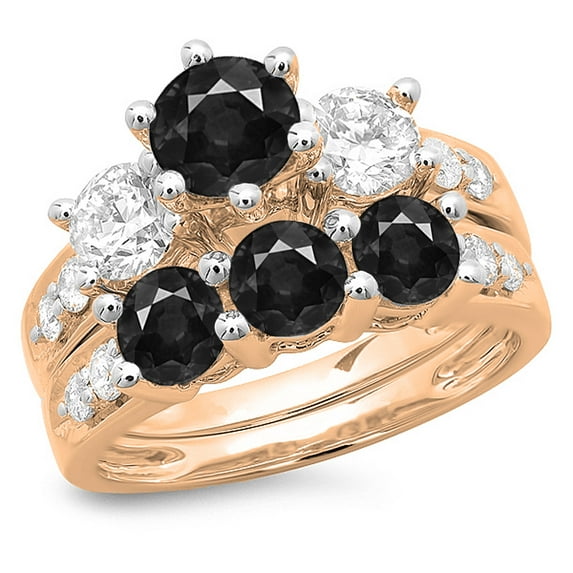 3.10 Carat (ctw) 14K Rose Gold Round Black & White Diamond Ladies Bridal 3 Stone Engagement Ring With Matching Band Set