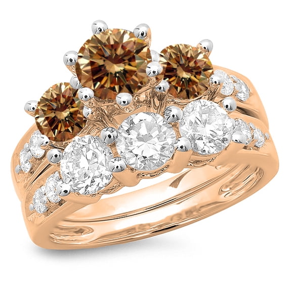 3.10 Carat (ctw) 14K Rose Gold Round Champagne & White Diamond Ladies Bridal 3 Stone Engagement Ring With Matching Band
