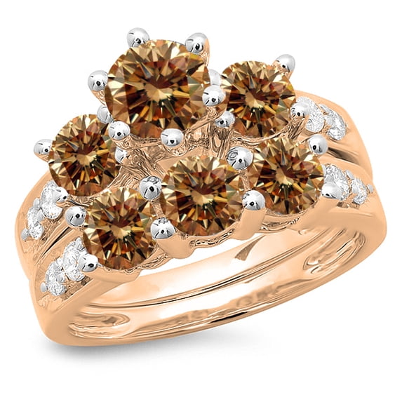 3.10 Carat (ctw) 18K Rose Gold Round Champagne & White Diamond Ladies Bridal 3 Stone Engagement Ring With Matching Band