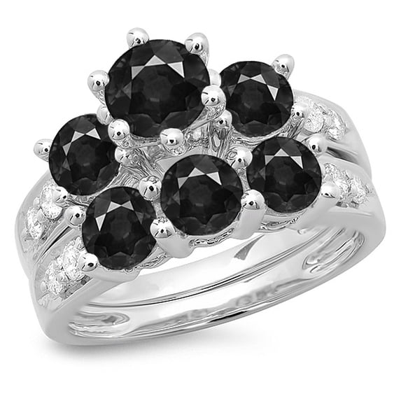 3.10 Carat (ctw) 18K White Gold Round Black & White Diamond Ladies Bridal 3 Stone Engagement Ring With Matching Band Set