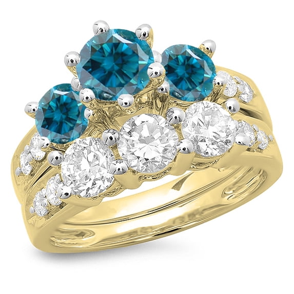 3.10 Carat (ctw) 18K Yellow Gold Round Blue & White Diamond Ladies Bridal 3 Stone Engagement Ring With Matching Band Set