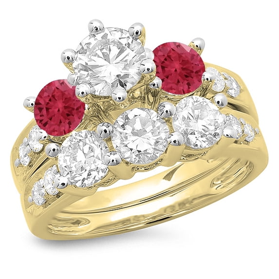 3.10 Carat (ctw) 18K Yellow Gold Round Red Ruby & White Diamond Ladies Bridal 3 Stone Engagement Ring With Matching Band