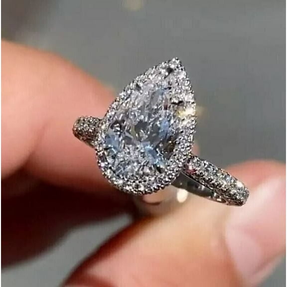 3.10 Ct Pear Cut Simulated Diamond Halo Engagement Women's Ring 14K White Gold Plated