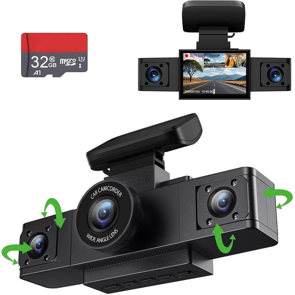 3  1080P  Cam Front and Inside Left/Right, Free 32G Card,  Camera Loop Recording, Triple Camera for  24 Hours/7 Parking , Wide Angle, IR Night Vision, with G-Sensor, Black