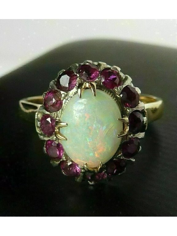 3.10Ct Oval Fire Natural Opal & Ruby Halo Engagement Ring 14K Yellow Gold Palted