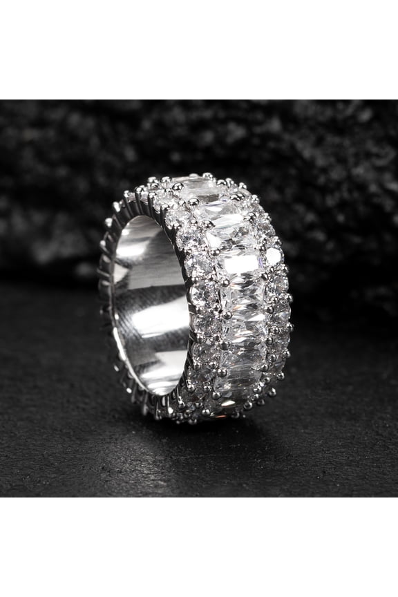 3.10Ct Simulated Iced Men's White Gold Plated Layered Emerald Cut Statement Eternity Ring
