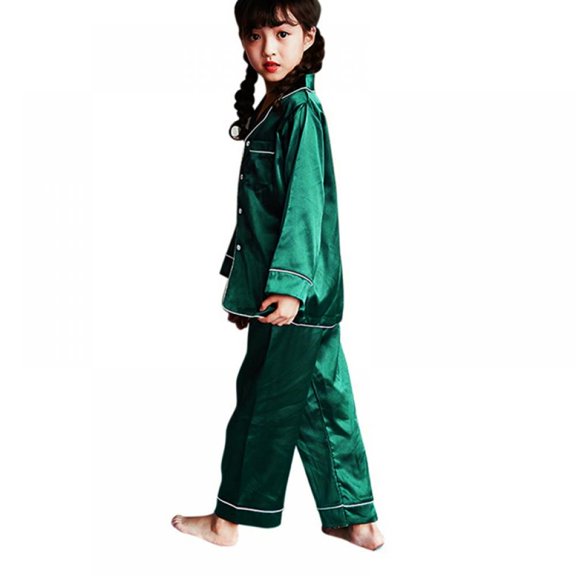 3-10T Boys Girls Button Down Pajamas Kids Solid Long Sleeve Top Long Pant Sleepwear