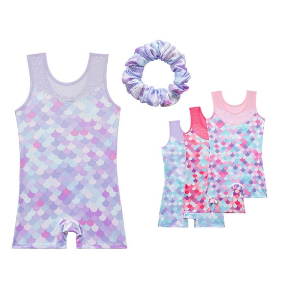 3-10T Girls Gymnastics Leotards Toddler Kids Athletic Dance Wears Mermaid Practice Outfits With Scrunchie