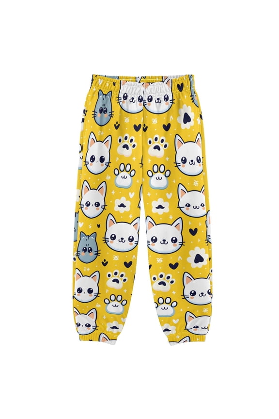 3-10T Pants with Cartoon Cat Face and Paw Design on Yellow Background Cool Casual Sweatpants Joggers