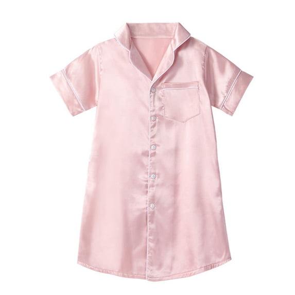 3-10Y Girls Satin Pajamas Sleep Dress Button Down Silky Sleepwear Nightgown Short Sleeve Nightshirt Dresses