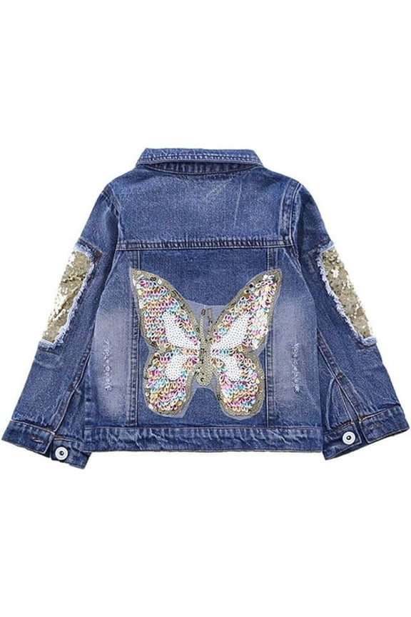 3-10Years Little Big Girls Spring Autumn Embroidered Paillette Sequins Butterfly Denim Jacket Kid's Top,3-4Y