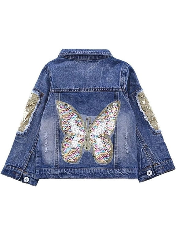 3-10Years Little Big Girls Spring Autumn Embroidered Paillette Sequins Butterfly Denim Jacket Kid's Top,3-4Y