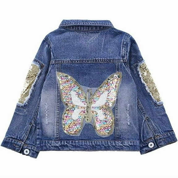 Peacolate Girls' Embroidered Sequins Butterfly Denim Jacket, Spring/Autumn, 5-6 Years
