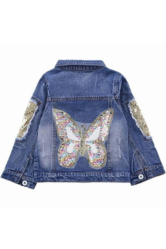 Girls' Embroidered Sequins Butterfly Denim Jacket, Spring/Autumn, 5-6 Years