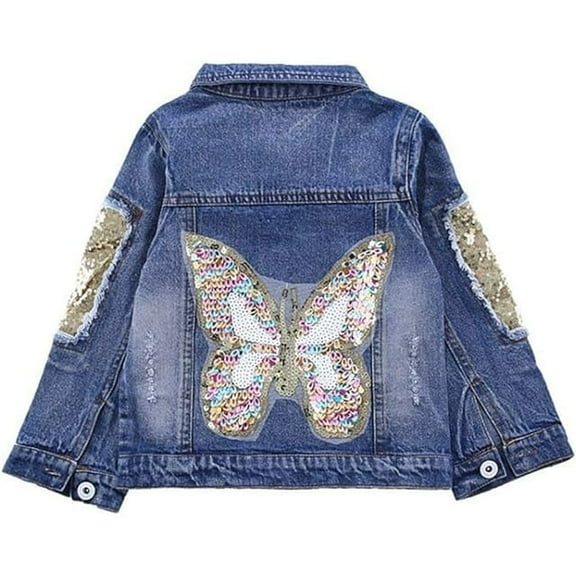 Peacolate Children's Breathable Cotton Embroidered Butterfly Denim Jacket with Sequins, 6-7 Years