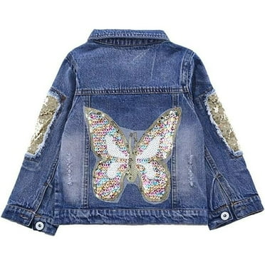 3-10Years Little Big Girls Spring Autumn Embroidered Paillette Sequins Butterfly Denim Jacket Kid's Top,8-9Y