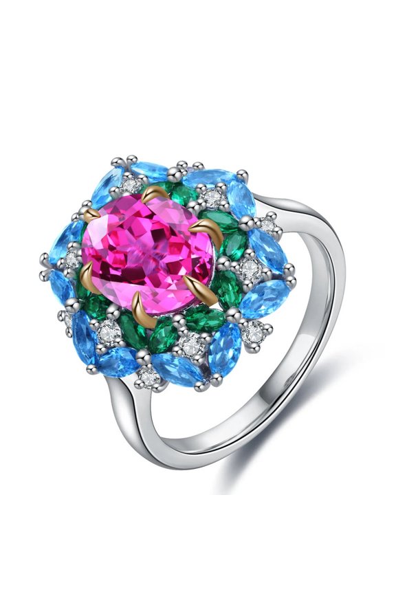 3.10ct Oval Cut Lab-Created Pink Sapphire and Sky Blue Topaz, Tsavorite, Moissanite Engagement Wedding Ring in 925 Sterling Silver for Her – Elegant and Vibrant Jewelry