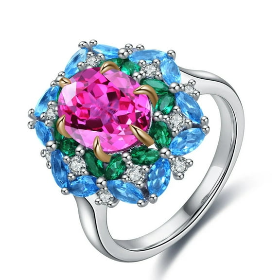 3.10ct Oval Cut Lab-Created Pink Sapphire and Sky Blue Topaz, Tsavorite, Moissanite Engagement Wedding Ring in 925 Sterling Silver for Her – Elegant and Vibrant Jewelry