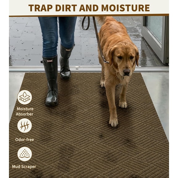 3'11" x 2'8" Non Slip Runner Rug, Dirt Trapper Outdoor Floor Mats for Patio, Front Door, Garage, Front Back Door, Entryway, Waterproof, Brown