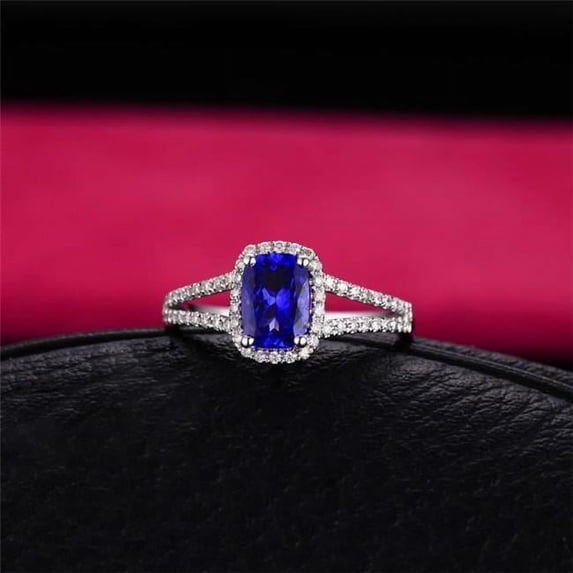 3.12 CT Cushion Shaped Cut Ceylon Sapphire Round Diamond Wedding Ring, Size 6.5