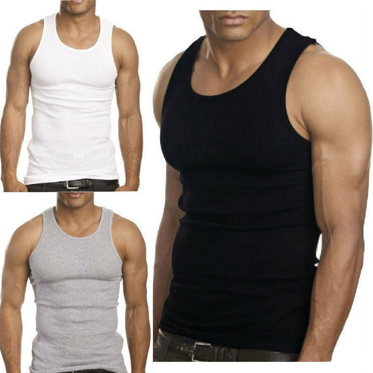 3-12 Packs Mens 100% Cotton Tank Top A-Shirt Undershirt Ribbed Black White  (M, BLKGRY, 3 Pack)