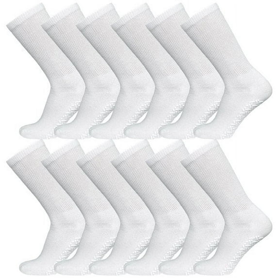 3-12 Pairs Non-Skid Diabetic Cotton Crew Circulatory Socks with Non Binding Top (13-15, White, 3 Pack)