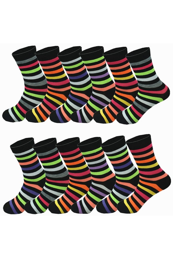 3-12 Pairs Womens Cotton Crew Socks Classic Black Color Stripe Casual Size 9-11