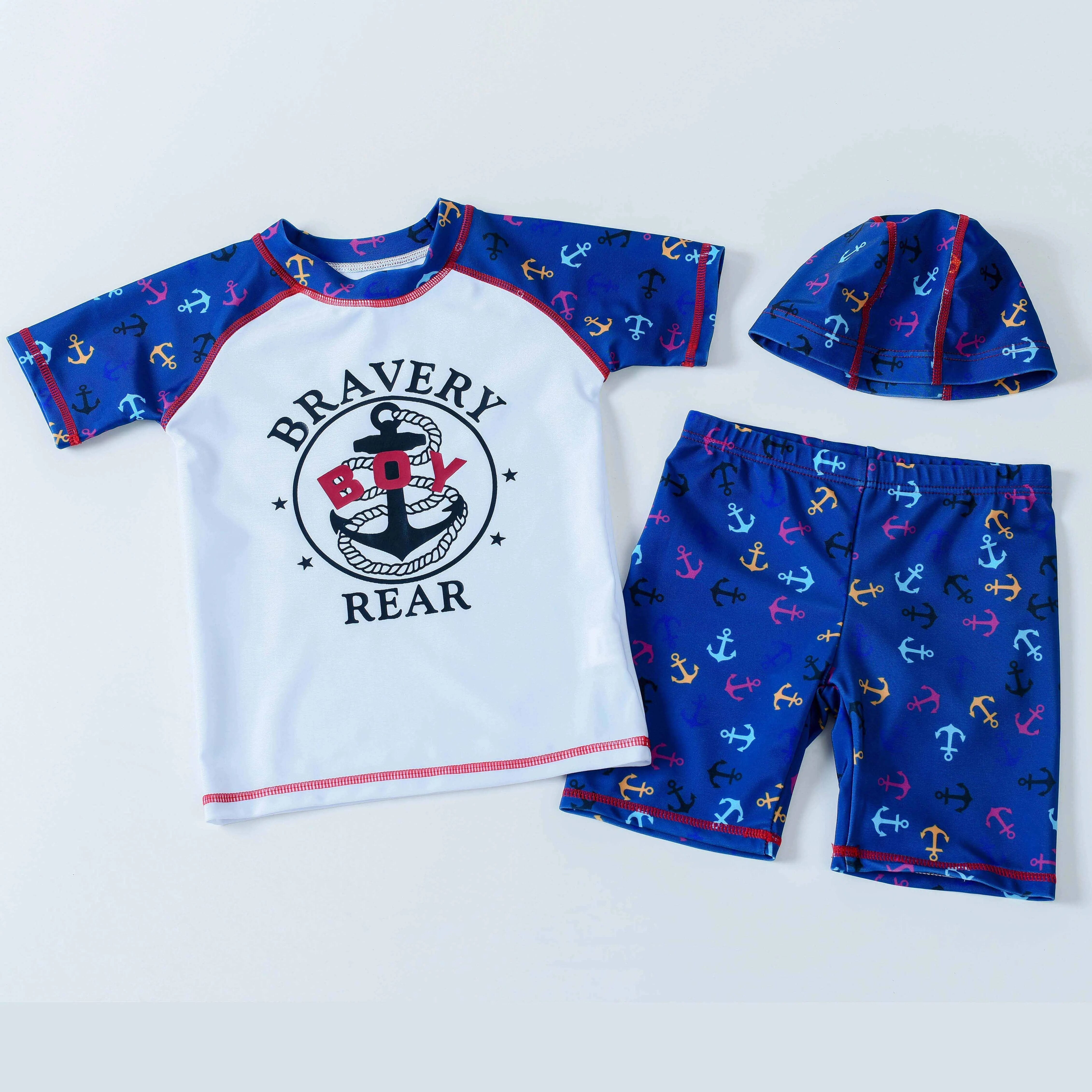 312 Years Boy Swimwear 2pcs Swim Suit With Cap Short Sleeve Bodysuit