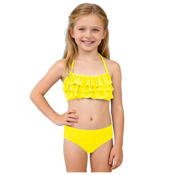 3-12 Years Girls Two Piece Swimsuit Layered Halters Flounce Sport Bikini Set Adjustable Straps Beach Bathing Swimwear Kids Summer Beachwear Outfit Yellow