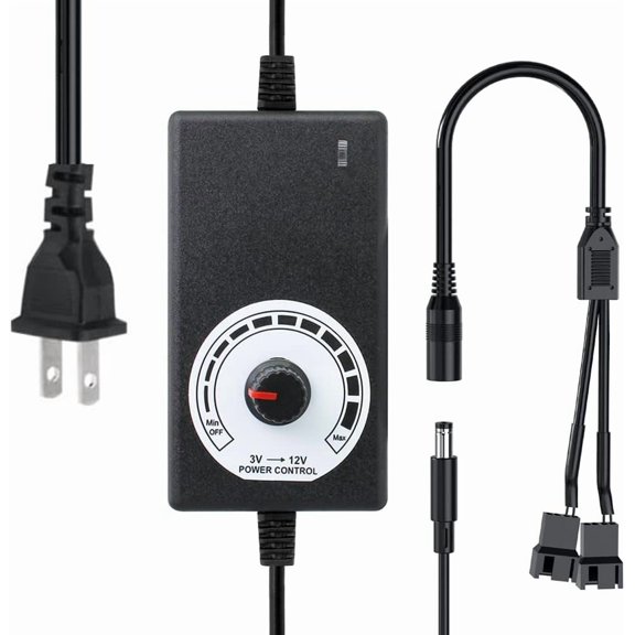 3-12V 24W Adjustable Power Supply Fan Speed Controller, 100-240V AC to DC 2A Adapter with DC5521 Dual 4-Pin Splitter Cable, for 2/3/4-Pin 12V Fans, Pumps, PC Cases, DIY Projects