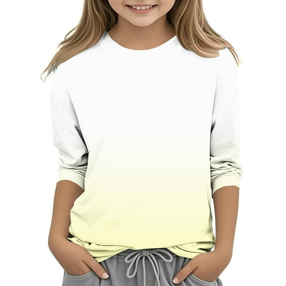 3-12Years Boys And Girls Casual Gradient Printing 3/4 Sleeve Round Neck Children's Tops Pullover Bottoming Shirt Gift for Kids Yellow 9-10 Years