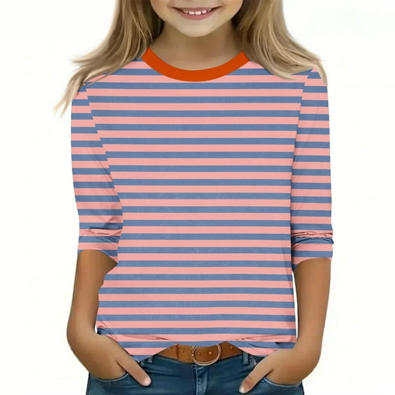 3-12Years Boys Girls Casual Striped Printed 3/4 Sleeve Round Neck Children's Tops Pullover Bottom Shirt Gifts Clearance Pink 9 Years