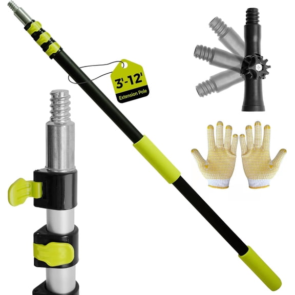 3-12ft Telescopic Extension Pole,Multi-Purpose Extension Pole with 180 °   Universal Thread Head, Oxide Aluminum Extendable Pole with Flip-Lock, for Painting,Dusting,Window Cleaning