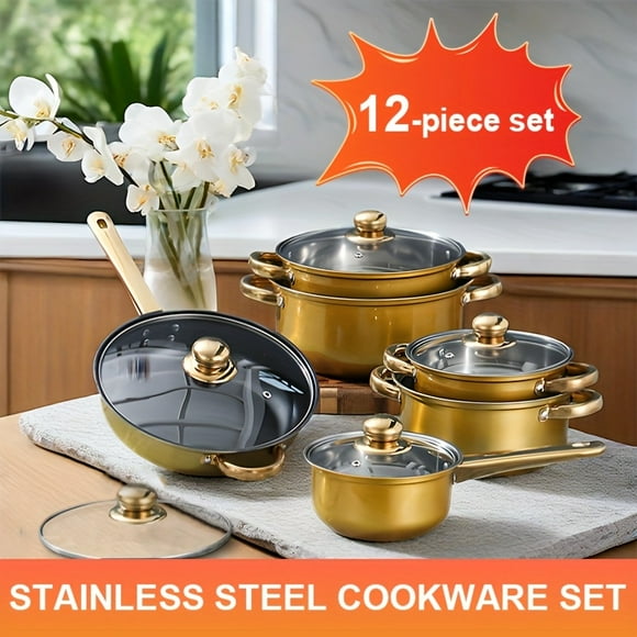 3/12pcs Stainless Steel Pan Set, Non-stick Pan Set, Heat Resistant, Frying Pan, Pan, Saucepan, Versatile, Stylish, Durable, Suitable For Induction Stoves