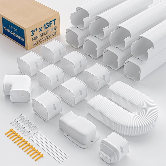 3" 13ft Mini Split Line Set Cover with Flexible Duct, Upgrade PP Decorative Lineset Cover Kit, Paintable for Mini Split, Air Conditioner, Central AC, HVAC and Heat Pumps, White, 1 Set